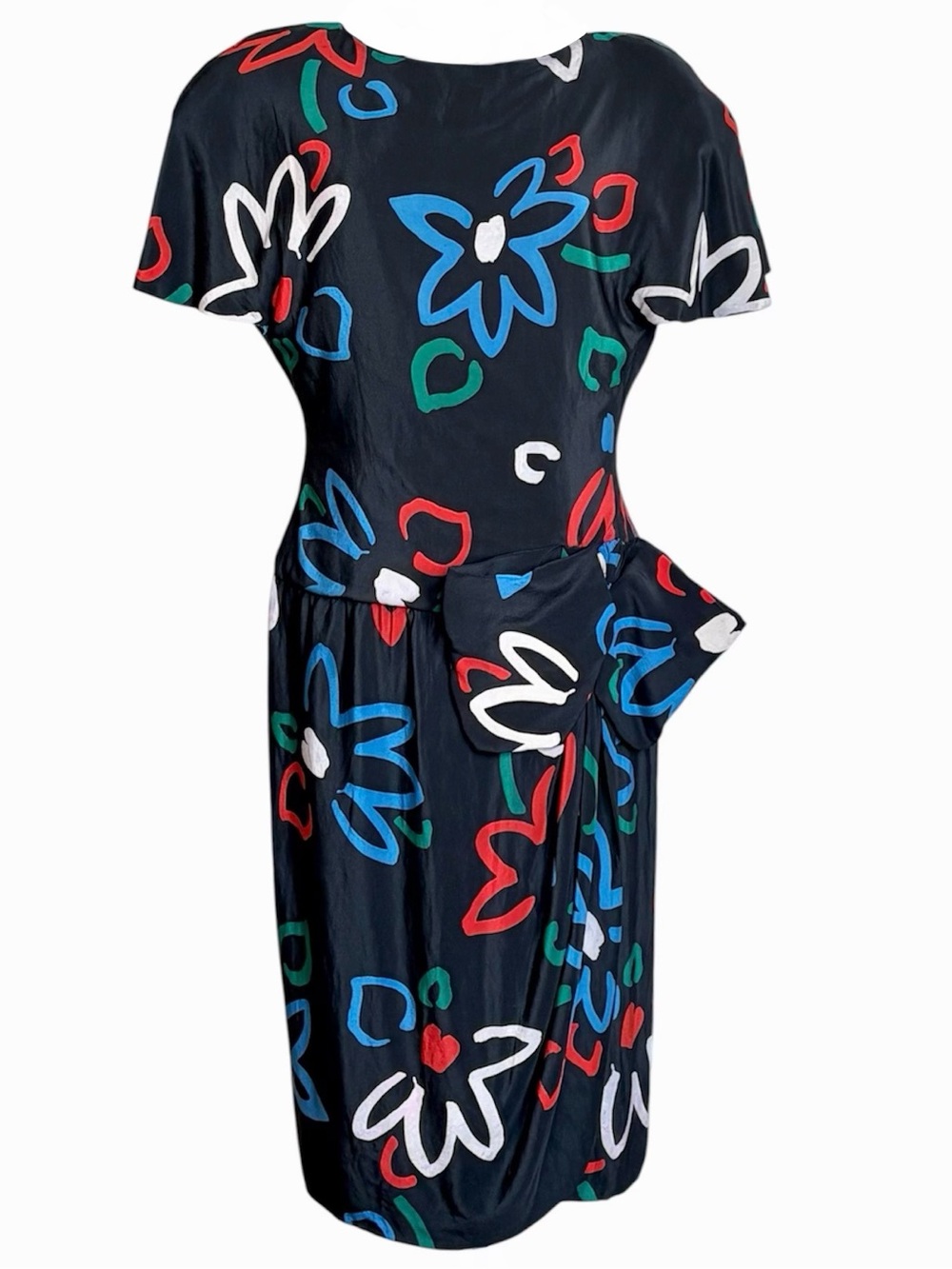 Vintage Scaasi 1980s Silk Cocktail Dress Abstract Floral Big Bow Shoulder Pads